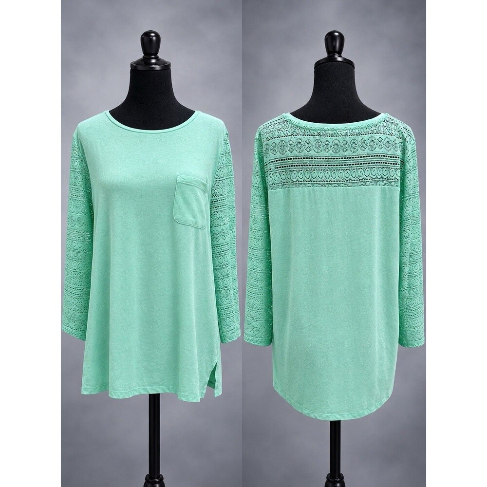 Talbots Womens XL Mint  Green Top 3/4 Lace Sleeves Boat Neck Cotton Blend